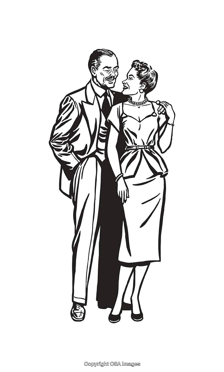 Vintage Black And White Line Art Illustration Of A Happy Couple