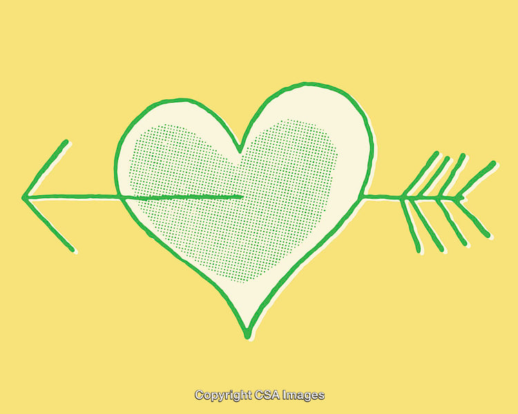 Green Heart With Arrow on Yellow Background, Color Illustration