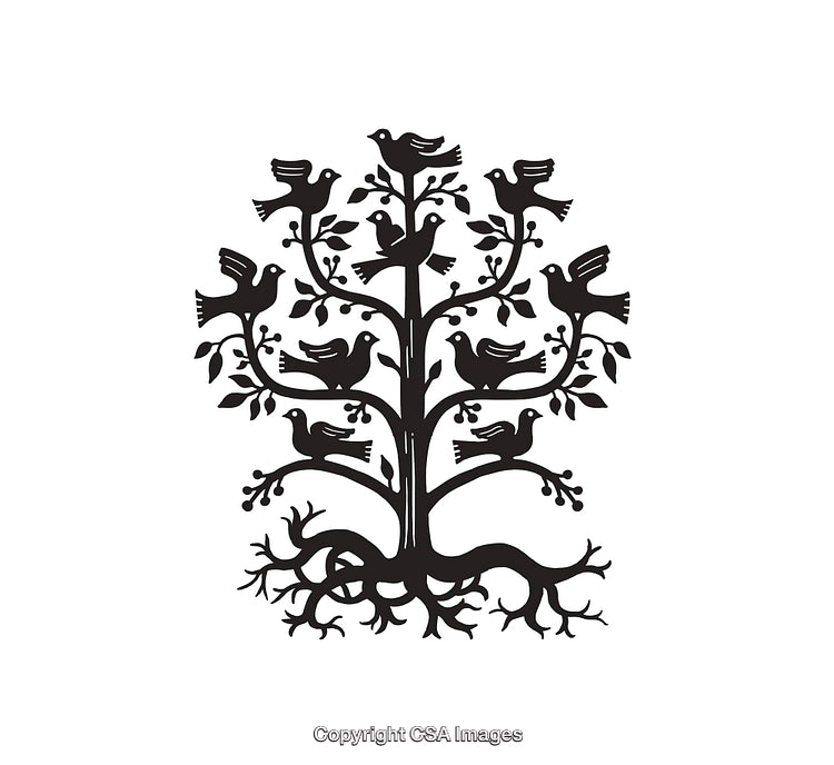 Intricate Black and White Line Art Tree With Birds Illustration