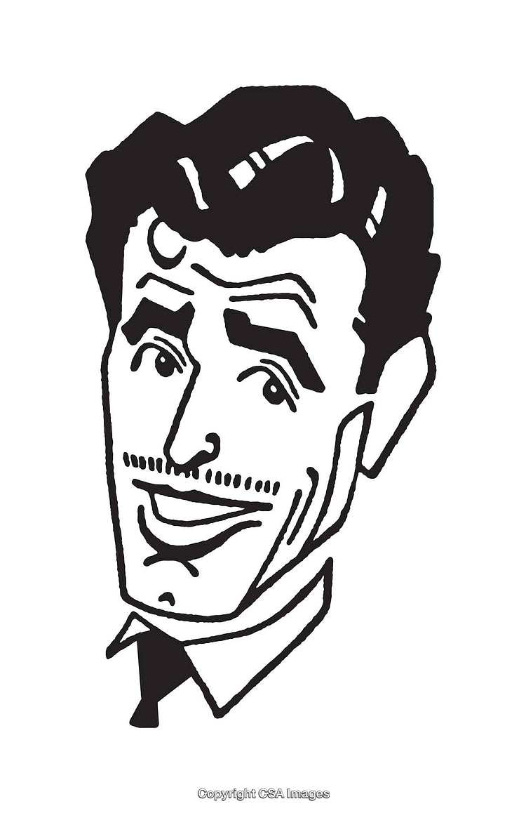 Retro Black and White Line Art Illustration of a Smiling Gentleman