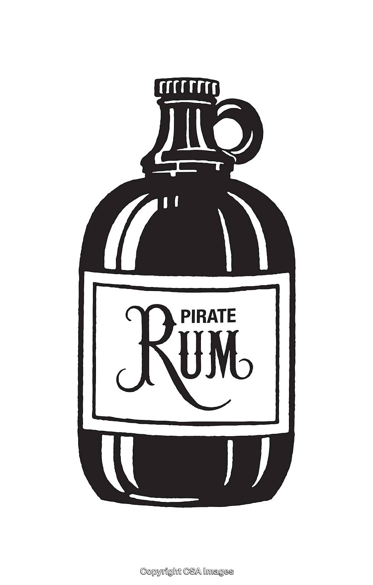 Vintage Black and White Pirate Rum Bottle Illustration Art