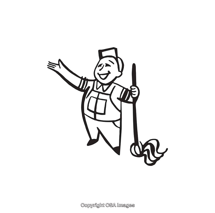 Cheerful Janitor Character Holding a Mop in Line Art Illustration