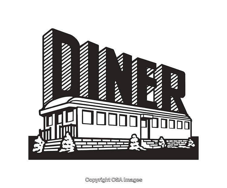 Retro Diner Illustration in Bold Black and White Line Art Style