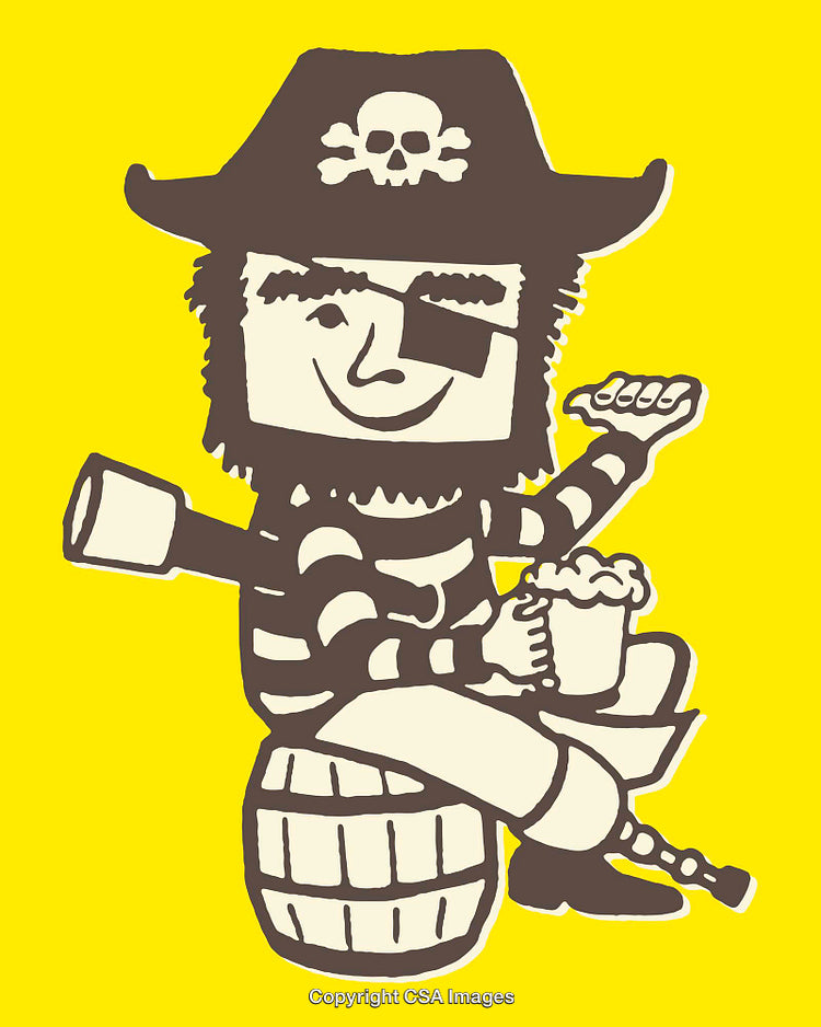 Playful Pirate Illustration Featuring Barrel and Beer with Bright Yellow Background