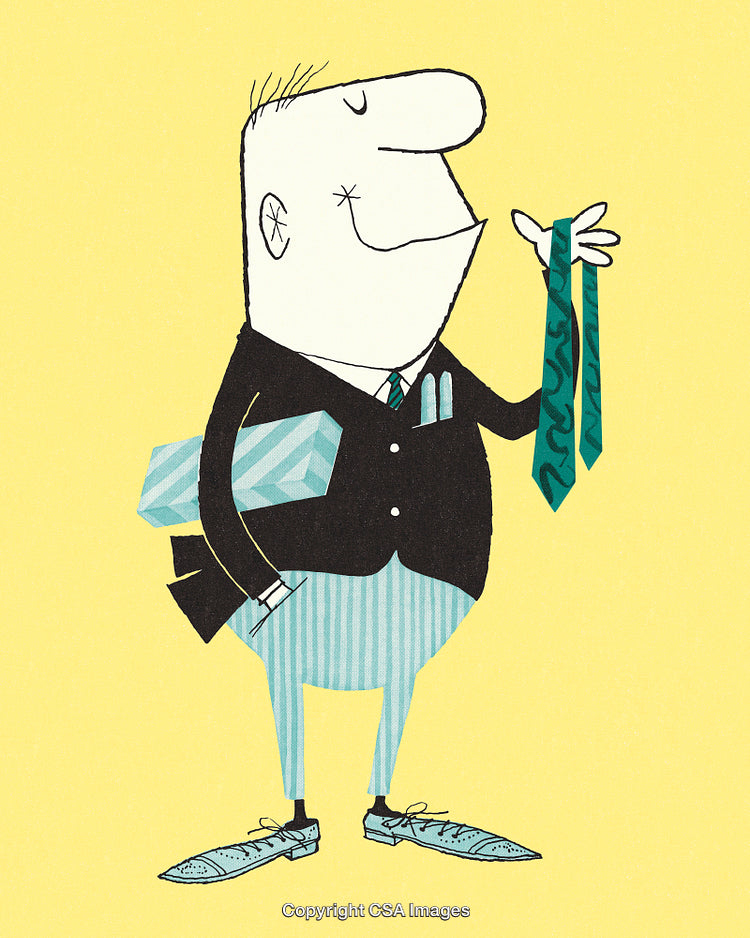 Illustration of a Man Holding a Tie Against a Yellow Background