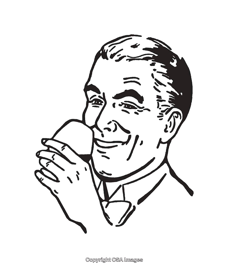 Retro Style Line Art of a Smiling Man Holding a Mug