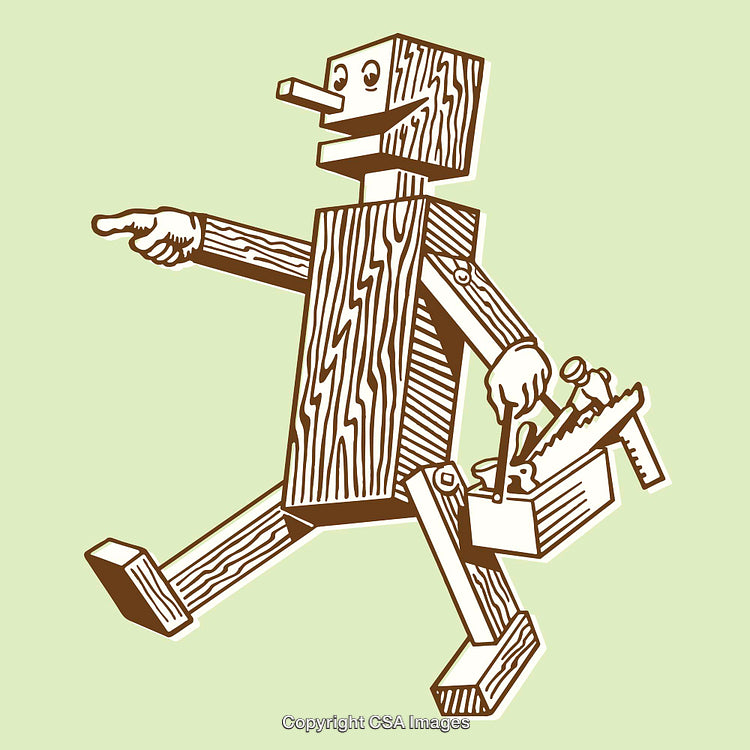 Cartoon Wooden Robot Holding Toolbox in Vintage Style Line Art Illustration