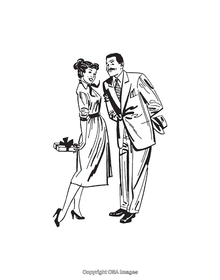 Black and White Retro Line Art of a Couple in Formal Attire
