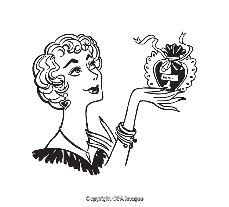 Vintage-Style Black and White Illustration of a Woman Holding a Perfume Bottle