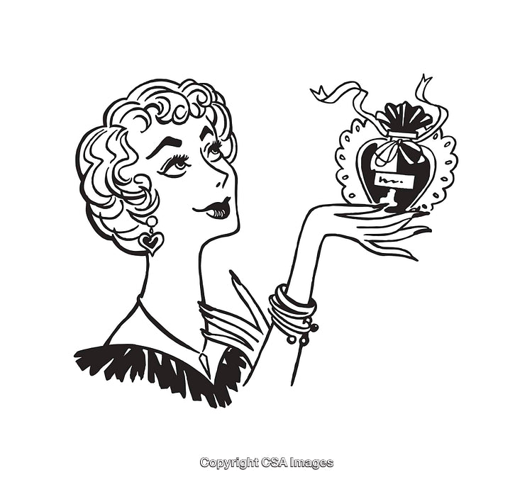 Vintage-Style Black and White Illustration of a Woman Holding a Perfume Bottle