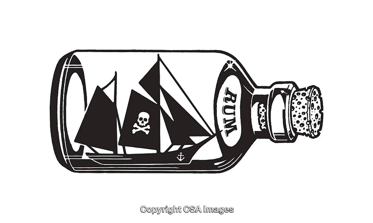 Black and White Pirate Ship Illustration in a Rum Bottle