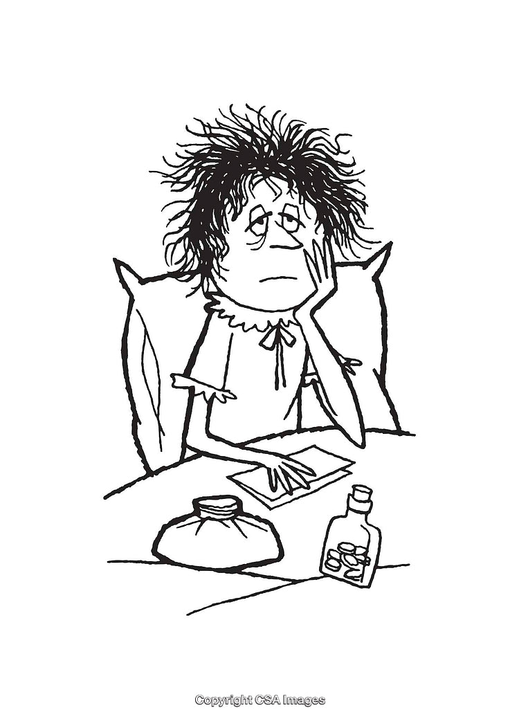 Black and White Line Art of a Sick Person Seated with Medicine