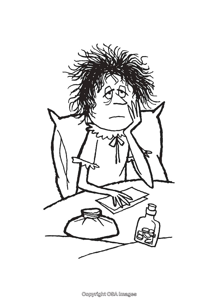Black and White Line Art of a Sick Person Seated with Medicine