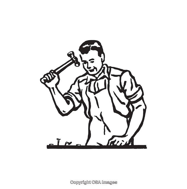 Vintage Black and White Line Art of Craftsman Using Hammer on Workbench