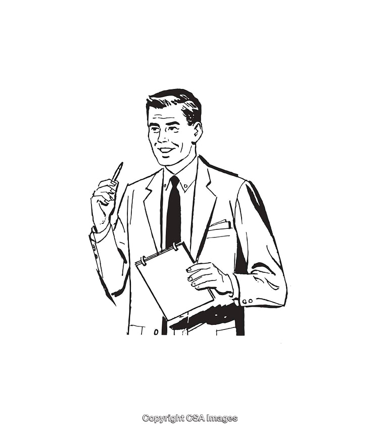 Black and White Illustration of a Man in Business Attire with Clipboard