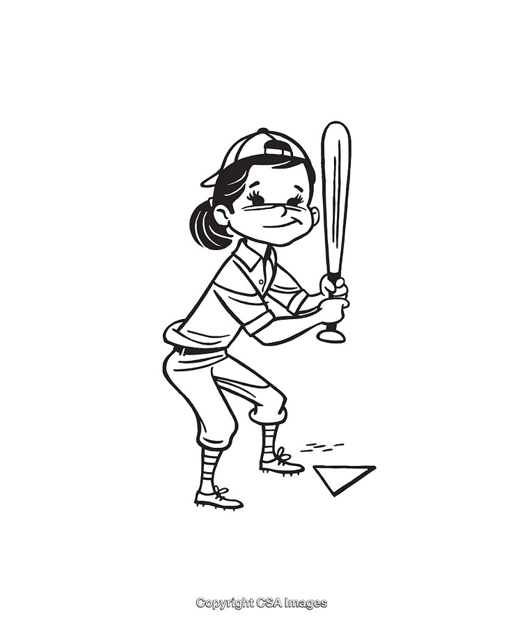 Black And White Line Art of a Girl Playing Baseball