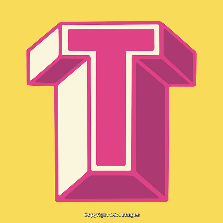 Stylized 3D Letter T in Vibrant Pink and Yellow Design