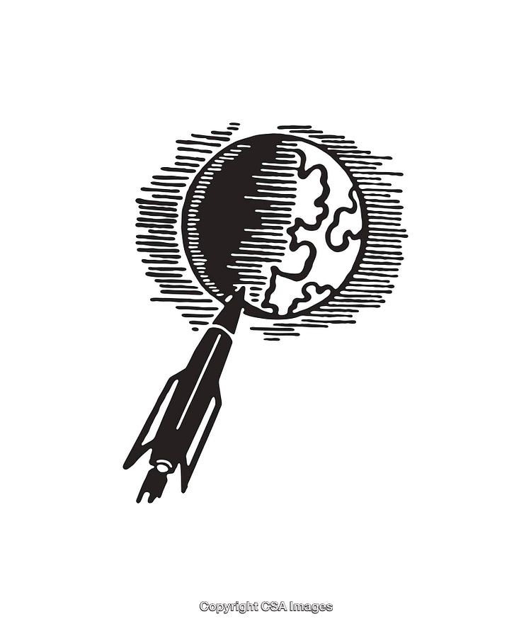 Retro Illustration of a Rocket Launch Near a Planet in Line Art