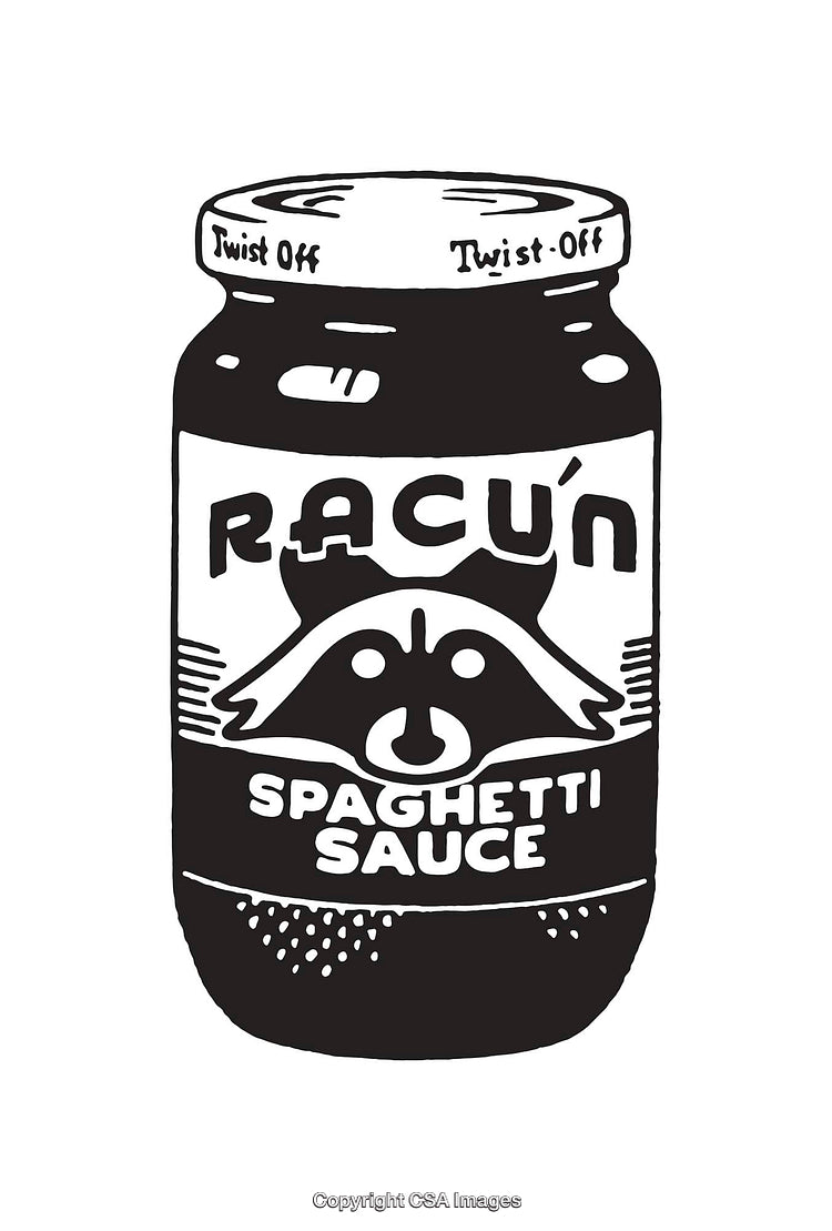 Black and White Illustration of a Jar with Raccoon Spaghetti Sauce Label