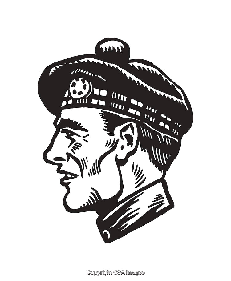 Vintage Line Art Portrait of a Bearded Highland Man in Traditional Hat
