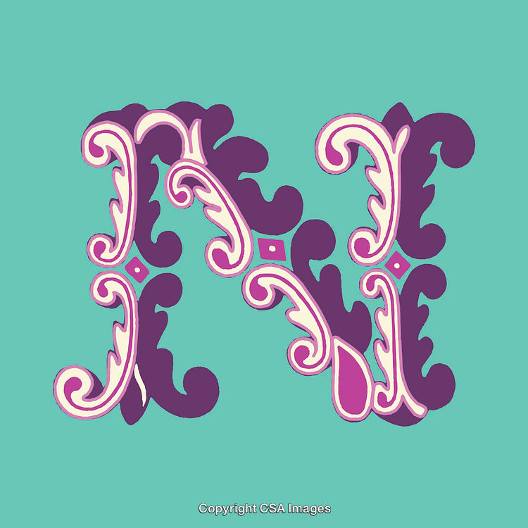 Intricately Designed Purple Letter N on Turquoise Background