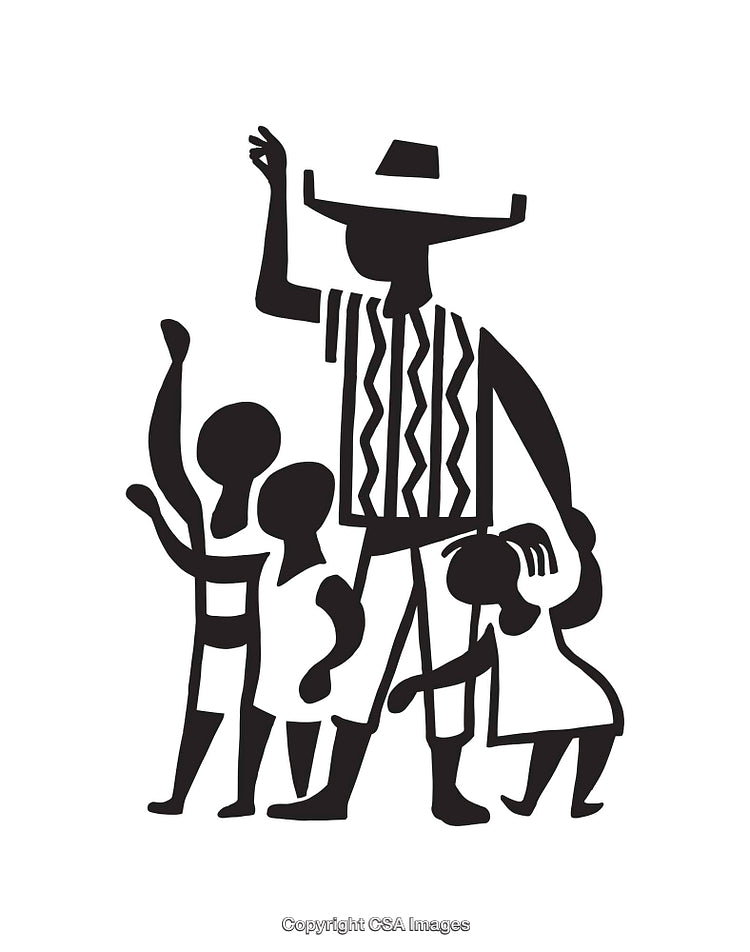 Black and White Illustration of Family Togetherness and Community Unity