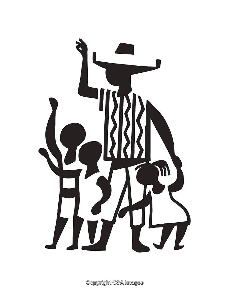 Black and White Illustration of Family Togetherness and Community Unity