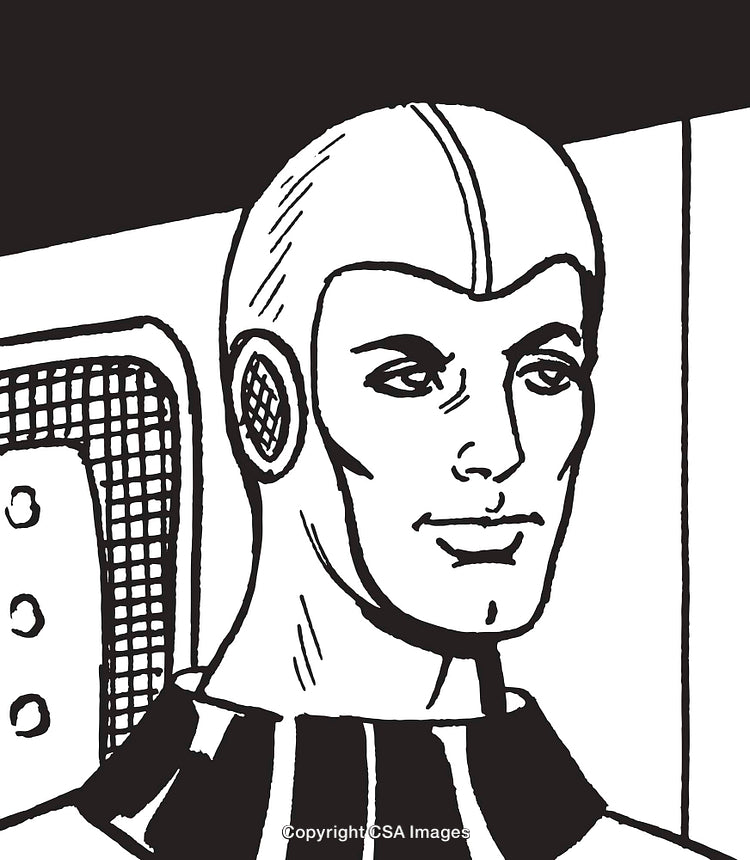 Retro Styled Illustration of a Futuristic Astronaut in a Spacecraft Interior