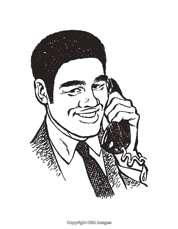 Black And White Line Art Illustration of a Man Using a Telephone