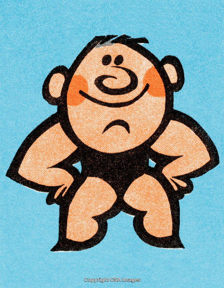 Playful Cartoon Wrestler Illustration On Blue Background with Halftone Texture