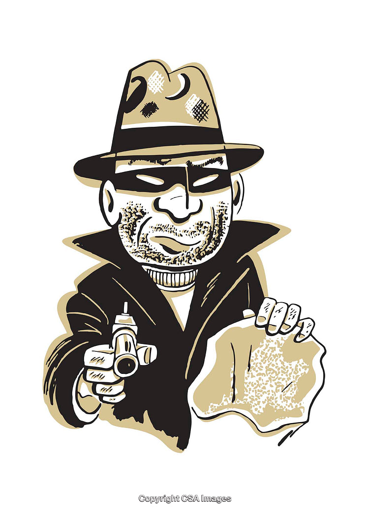 Illustrated Gangster Holding Object and Gun in Dramatic Pose