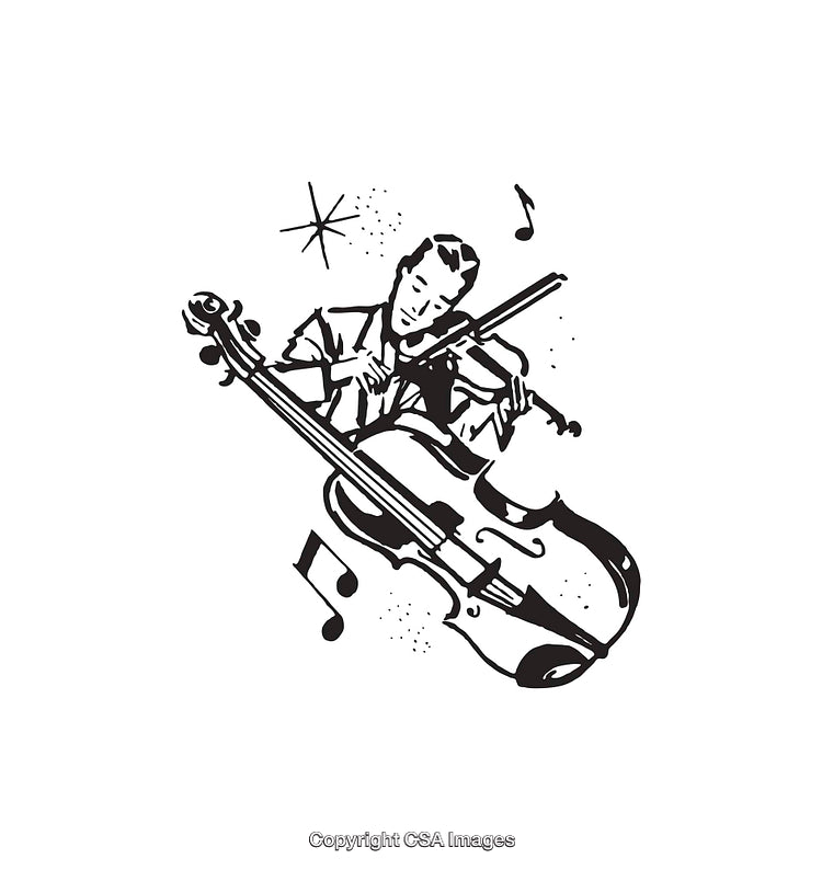 Vintage Black and White Drawing of Musician Playing String Instrument