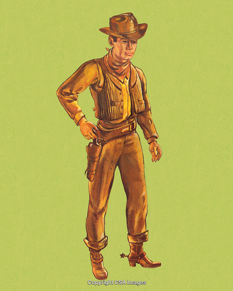 Illustrated Cowboy in Traditional Western Outfit Against Vibrant Background