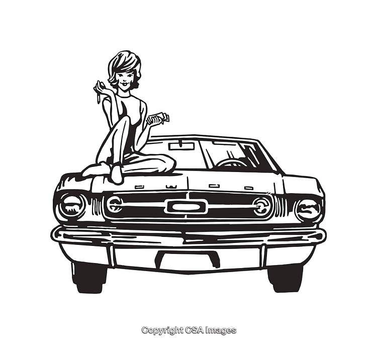Black and White Illustration of Woman Sitting on a Classic Car Hood