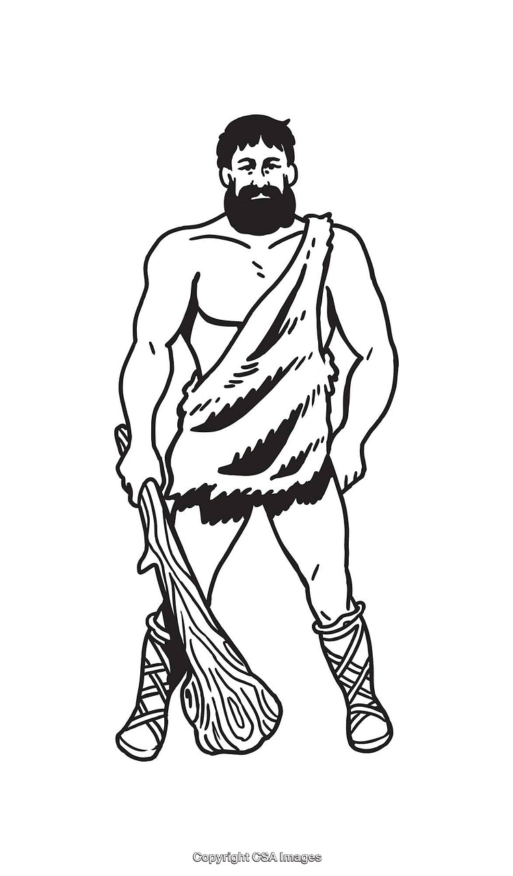 Black and White Line Art of a Prehistoric Figure Holding a Club