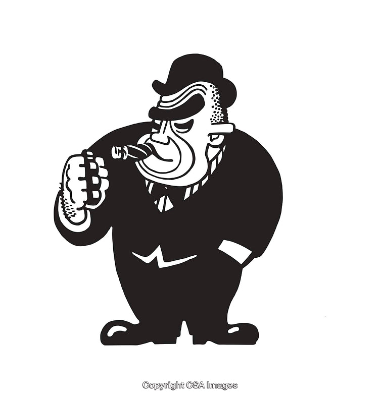 Cartoonish Gangster Character with Cigar in Black and White Line Art Style