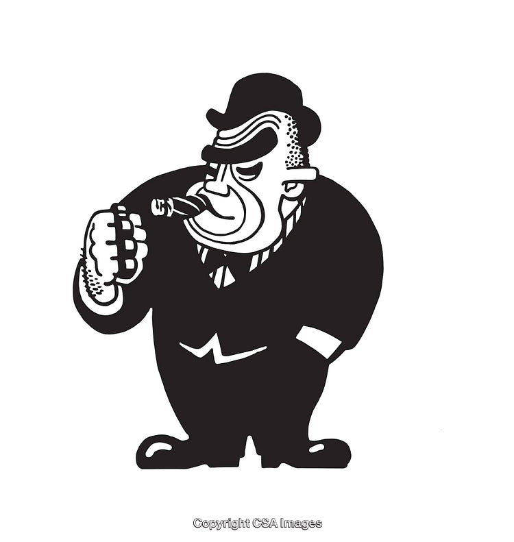 Cartoonish Gangster Character with Cigar in Black and White Line Art Style