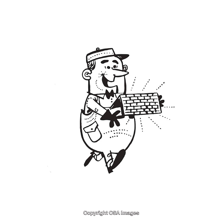 Black and White Line Art of a Cheerful Worker Holding a Brick