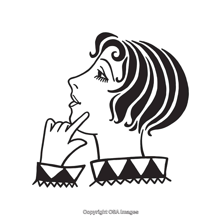 Black and White Line Art of Thoughtful Woman Profile with Short Hair