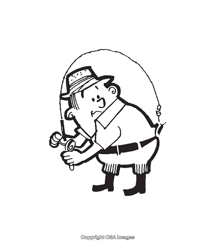 Black and White Line Illustration of a Character with Fishing Gear
