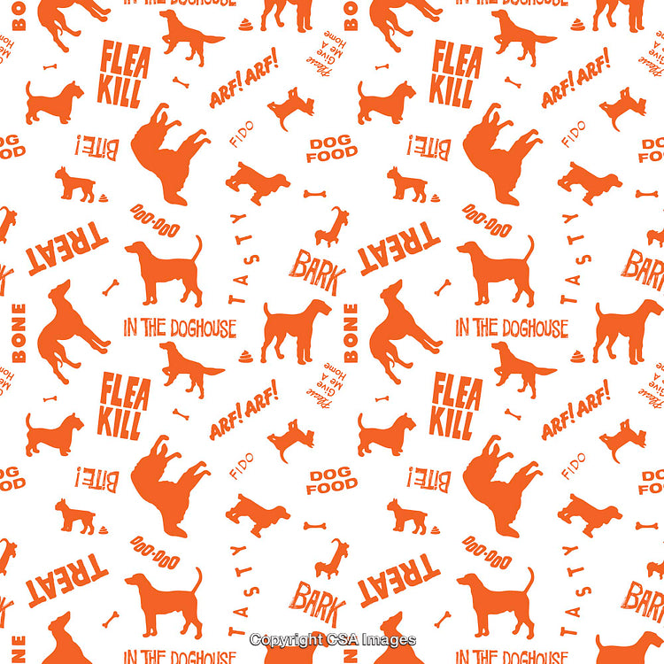 Playful Dog-Themed Pattern Design with Words and Icons in Orange