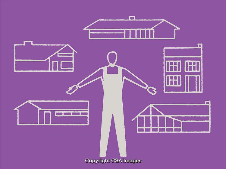 Illustration Depicting a Person with Various House Types on Purple Background