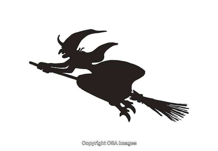 Black and White Silhouette of a Witch Flying on a Broomstick