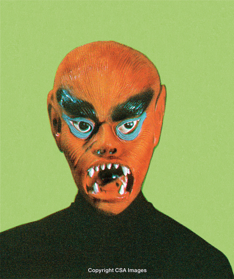 Illustrated Monster Portrait on Green Background with Distinctive Mask
