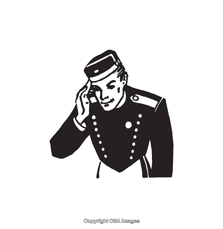 Black and White Illustration of a Bellhop in Uniform Saluting