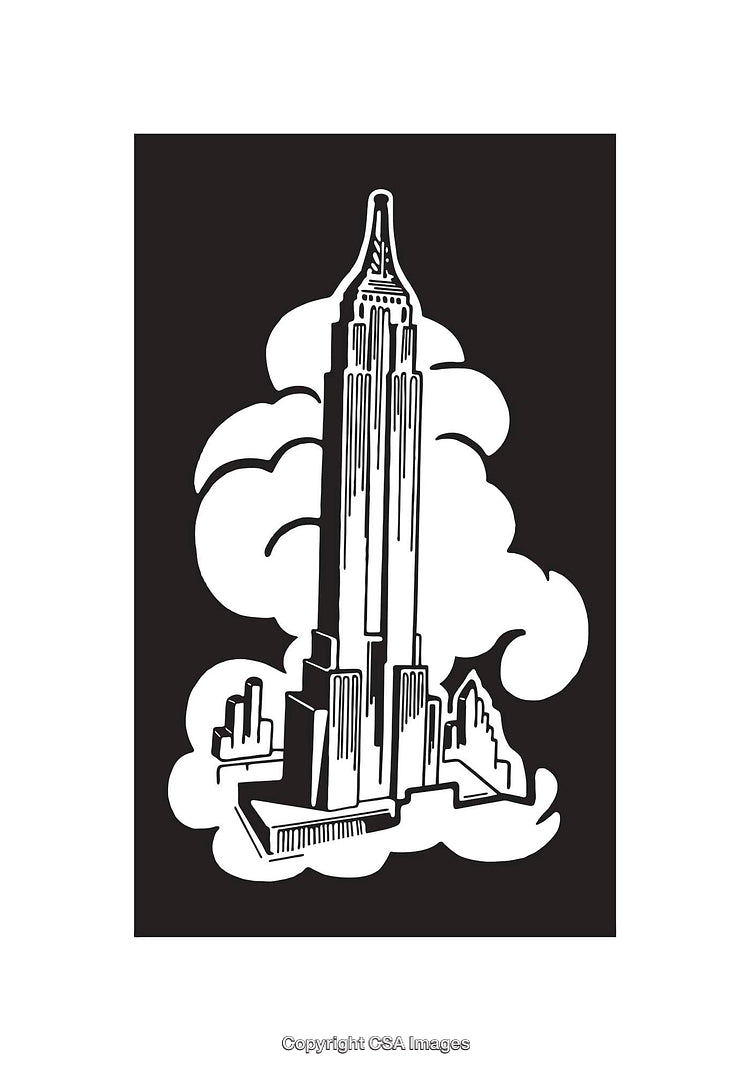 Black and White Outline Illustration of a Tall Skyscraper Surrounded by Clouds