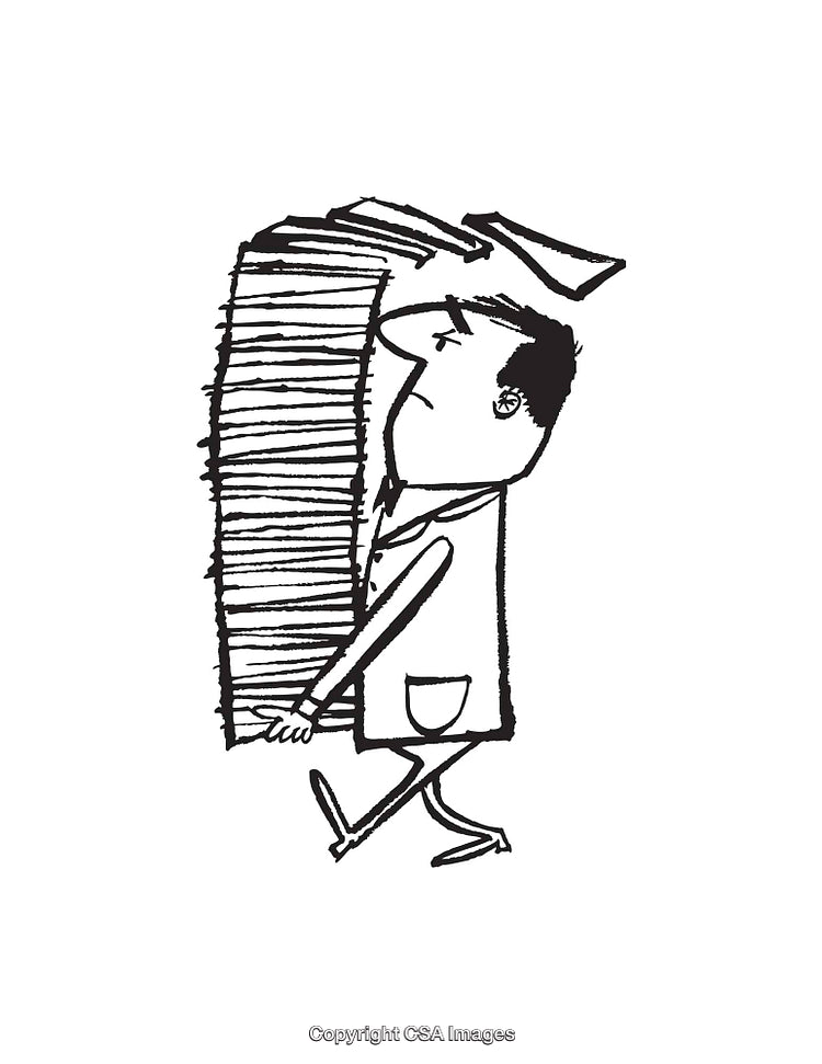Cartoon Character Struggling to Carry a Stack of Papers Illustration