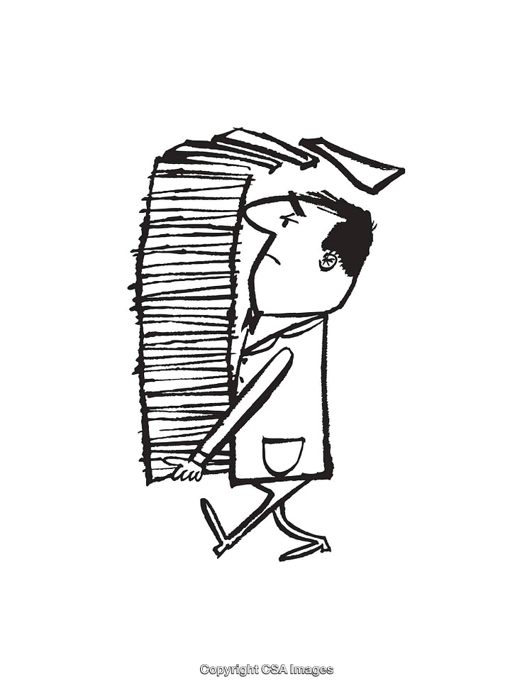 Cartoon Character Struggling to Carry a Stack of Papers Illustration