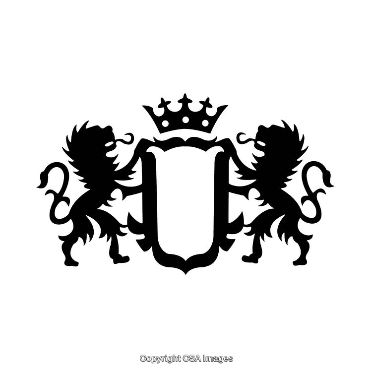 Black and White Heraldic Crest With Crown and Lions