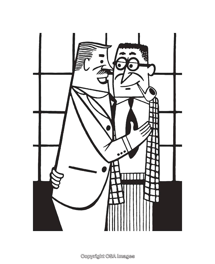 Black and White Illustration of Two Colleagues in a Friendly Embrace